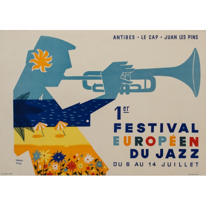 Affiche ancienne d'exposition - Gerard Hage - 1960 - festival européen du jazz Juan les pins 1960 - 39.5 par 55.5 cm
