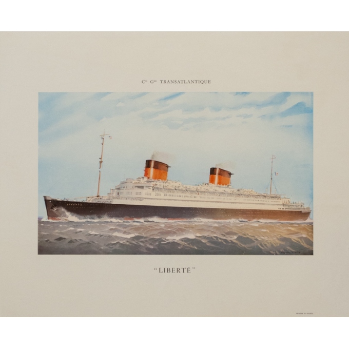 Affiche ancienne de voyage - Marin Marie  - 1960 - Compagnie générale transatlantique Liberté - 45.5 par 37 cm