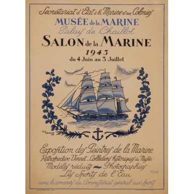 Affiche ancienne d'exposition - Guy Arnoux - 1943 - Salon Musée de la marine - 38.5 par 28.5 cm