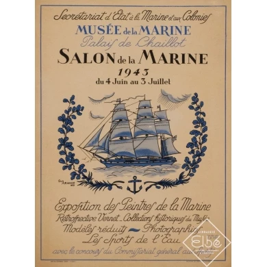 Vintage exhibition poster - Guy Arnoux - 1943 - Salon Musée de la marine - 15.2 by 11.2 inches