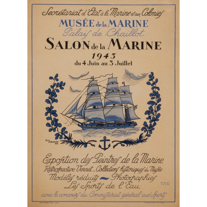Affiche ancienne d'exposition - Guy Arnoux - 1943 - Salon Musée de la marine - 38.5 par 28.5 cm