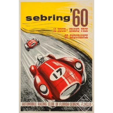 Affiche ancienne de publicité - 1960 - Sebring 60 Grand prix automobile Florida - 56.7 par 40 cm