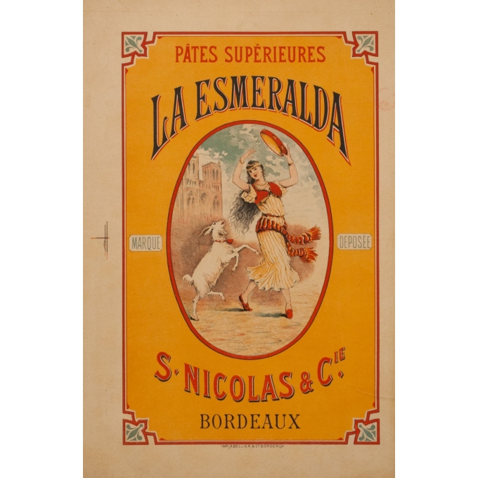 Affiche ancienne de publicité - Circa 1900 - La esmeralda Pâtes supérieures S.Nicolas Cie - 49.5 par 32.5 cm