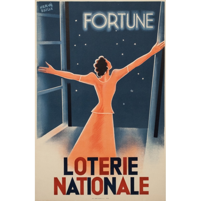 Affiche ancienne de publicité - Hervé Baille - 1939 - Loterie Nationale fortune - 59 par 38 cm