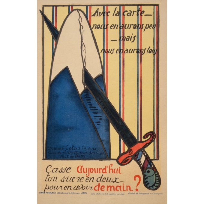 Affiche ancienne de publicité - Yvonne Colas - 1916 - Union Française Comité de Prévoyance et d'économie - 54.5 par 34.5 cm