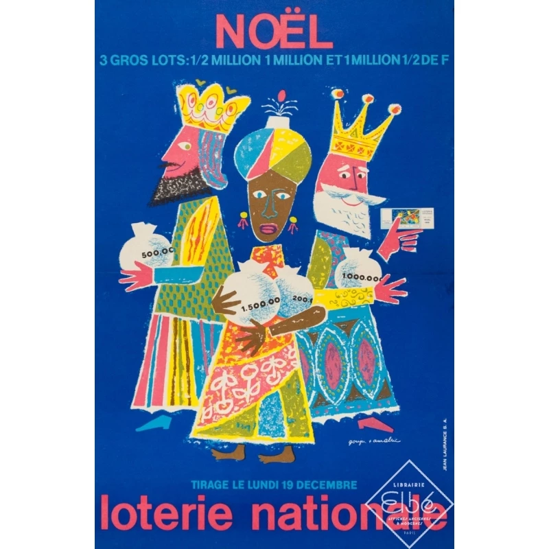Vintage advertising poster - Gouju et Amabric - 1966 - Loterie Nationale Noël - 22.8 by 15 inches