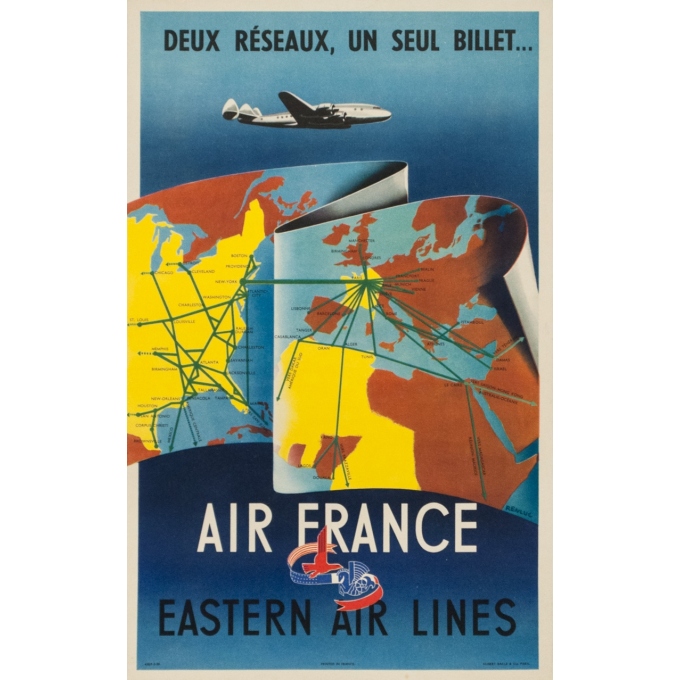Affiche ancienne de voyage - Rebluc - 1950 - Air France eastern air lines - 50 par 31 cm