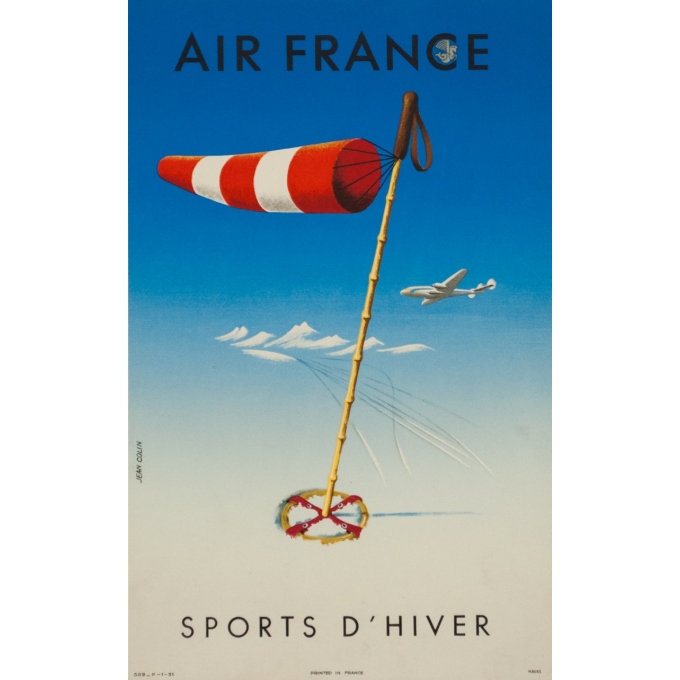 Affiche ancienne de voyage - Jean Colin  - 1951 - Air France Sports d'hiver 1951 - 50 par 31 cm