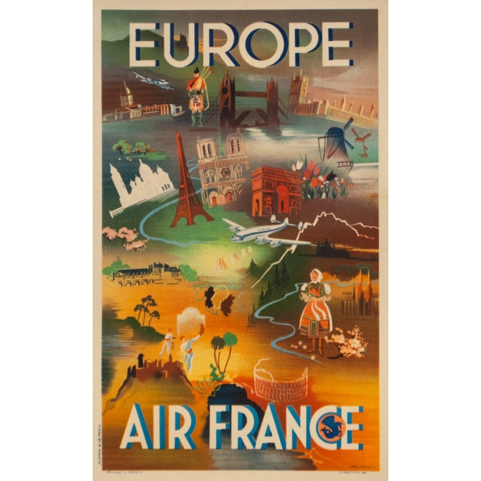 Affiche ancienne de voyage - Falcucci - 1948 - Air France Europe 1948 - 50 par 31 cm