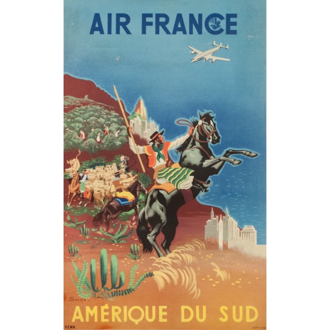 Affiche ancienne de voyage - Seigle - 1950 - Air France Amérique du sud 1950 - 50 par 31 cm