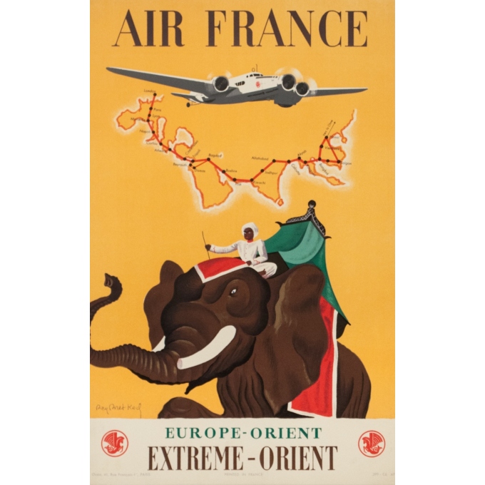 Affiche ancienne de voyage - Ray Bret Koch - 1938 - Air France Extrême Orient 1938 - 50 par 31 cm