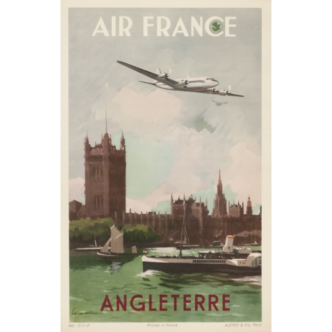 Affiche ancienne de voyage - V.Guerra - 1951 - Air France Angleterre 1951 - 50 par 31 cm