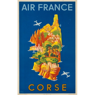 Affiche ancienne de voyage - Lucien Boucher - 1949 - Air France Corse 1949 - 50 par 31 cm
