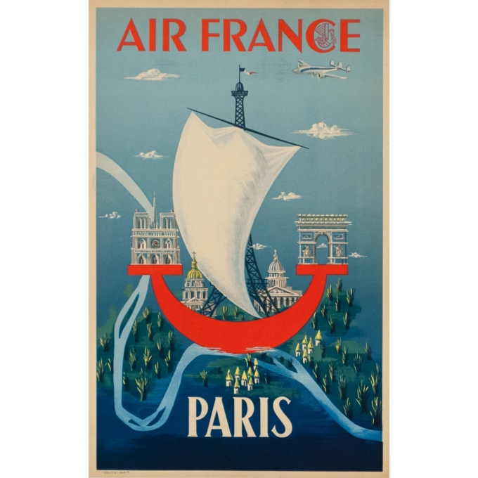 Affiche ancienne de voyage - Billon - 1951 - Air France Paris 1951 - 50 par 31 cm