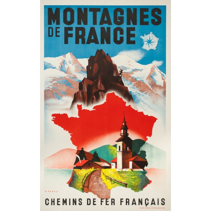 Affiche ancienne de voyage - Ponty - Circa 1935 - Montagnes de France  - 100 par 62.5 cm