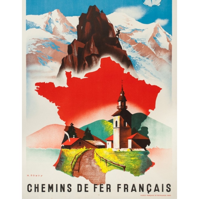Affiche ancienne de voyage - Ponty - Circa 1935 - Montagnes de France  - 100 par 62.5 cm - 3