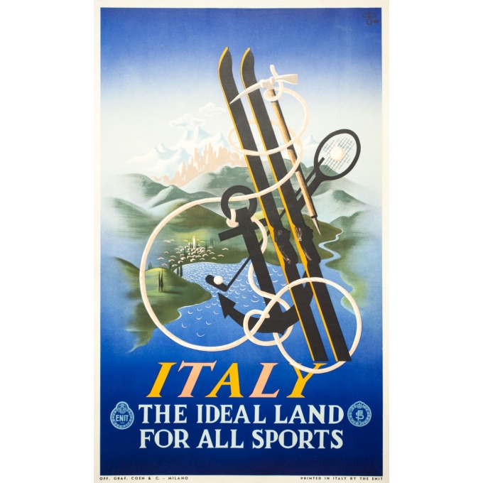 Affiche ancienne de voyage - A.M.Cassandre - 1935 - Italy Italie the ideal land for all sports - 100.5 par 62 cm