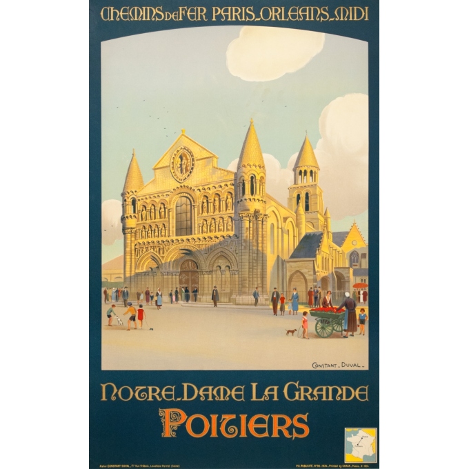 Affiche ancienne de voyage - Constant Duval  - 1934 - Notre Dame La Grande Poitiers - 100 par 62.5 cm