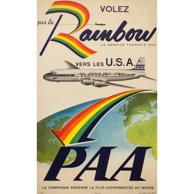Vintage travel poster - 1949 - Volez par le Rainbow vers les USA PAA - 39.8 by 24.8 inches Vintage travel poster - 1949 - Volez par le Rainbow vers les USA PAA - 39.8 by 24.8 inches