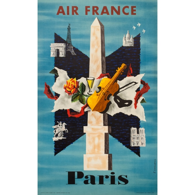 Affiche ancienne de voyage - E. Lancaster - 1956 - Air France Paris - 100 par 62 cm