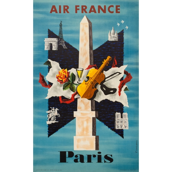 Vintage travel poster - E. Lancaster - 1956 - Air France Paris - 39.4 by 24.4 inches