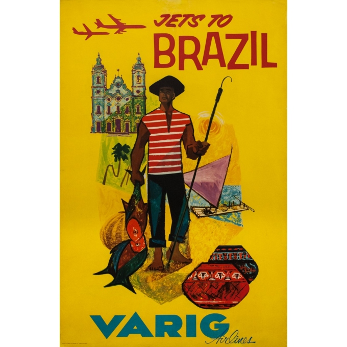 Vintage travel poster - Circa 1960 - Jets to Brazil VARIG Airlines - 39.4 by 25.2 inches