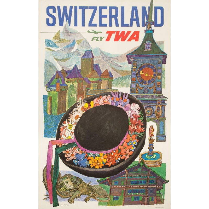 Vintage travel poster - David Klein - 1960 - Fly TWA Switzerland - 39.4 by 25.2 inches