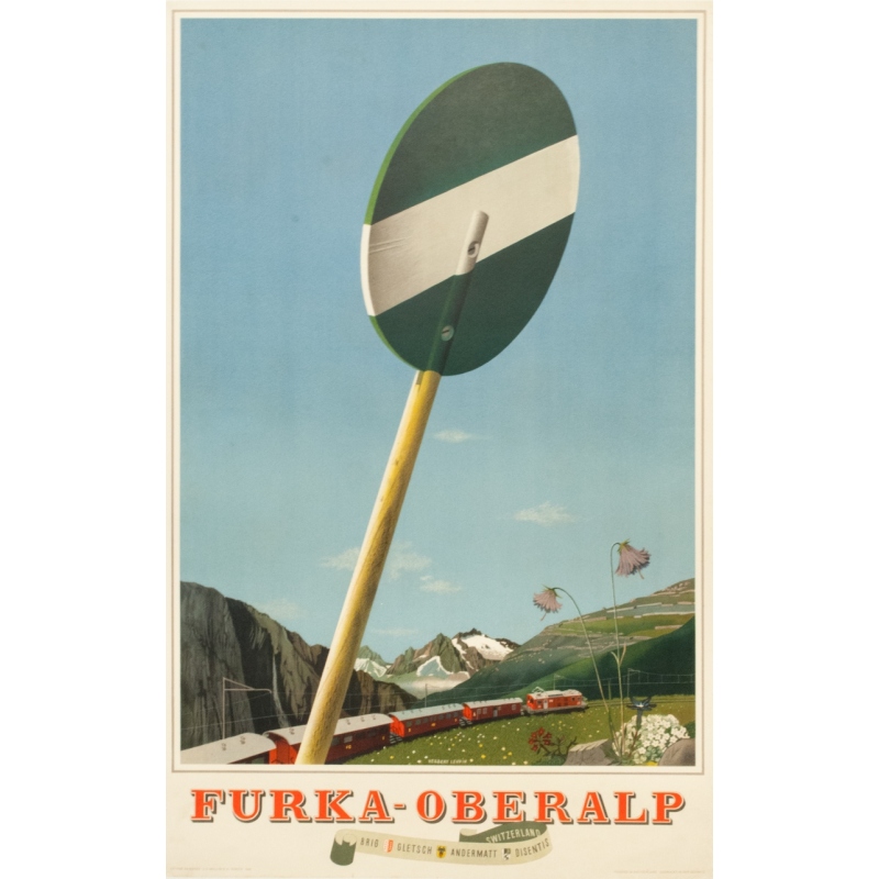 Affiche ancienne - Herbert Leupin - 1949 - Furuka oberalp Brig Gletsch andermatt Disents Switzerland - 101 par 64 cm
