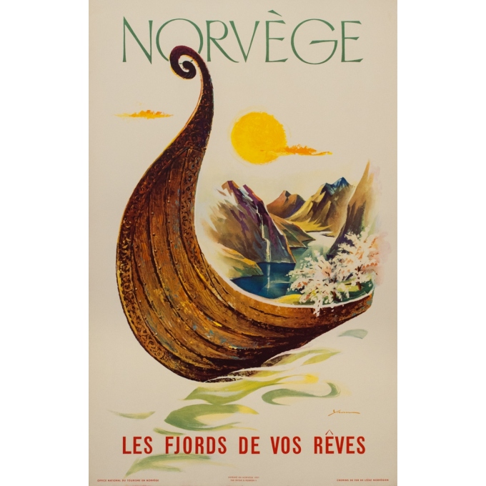 Affiche ancienne de voyage - Yvan - 1957 - Norvège les fjords de vos rêves - 100 par 62.5 cm