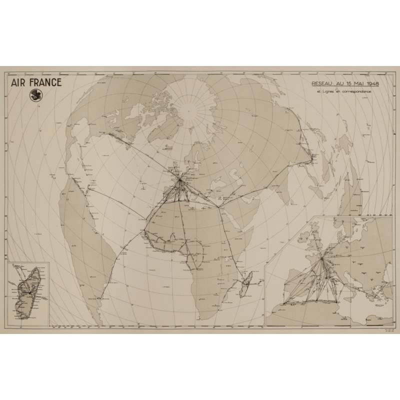 Affiche ancienne de voyage - 1948 - Planisphère Air france Reseau du 15 mai 1948 - 79.5 par 54 cm