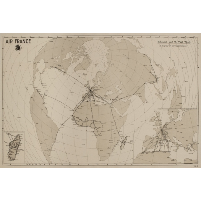 Affiche ancienne de voyage - 1948 - Planisphère Air france Reseau du 15 mai 1948 - 79.5 par 54 cm