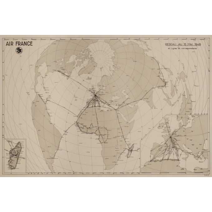 Vintage travel poster - 1948 - Planisphère Air france Reseau du 15 mai 1948 - 31.3 by 21.3 inches