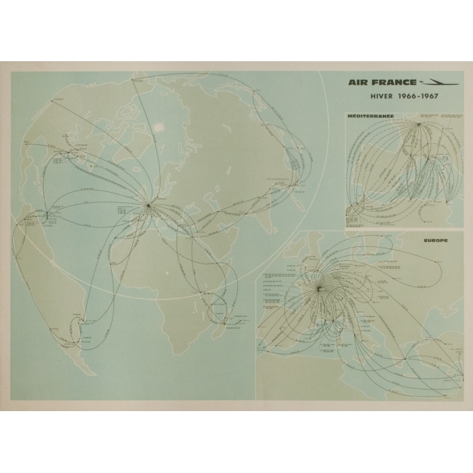 Affiche ancienne de voyage - 1966 - Planisphère Air France Hiver 1966 - 91 par 68 cm