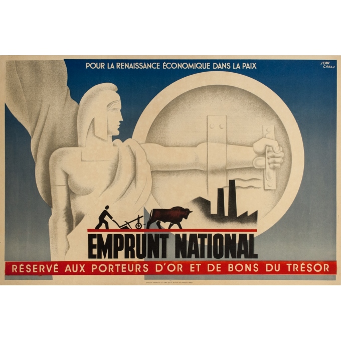 Affiche ancienne de voyage - Jean Carlu - 1930 - Emprunt nationale Renaissance économique dans la paix - 118 par 80 cm