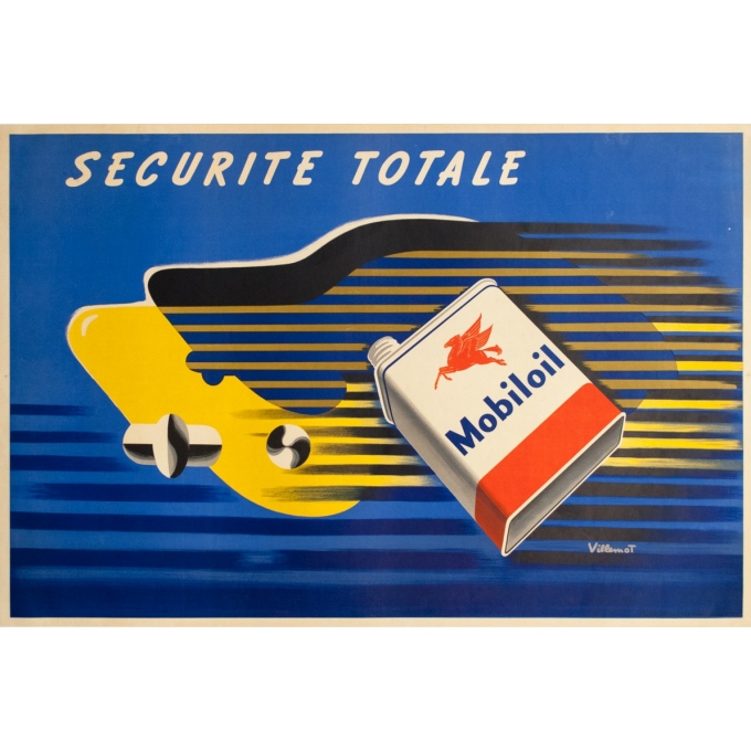 Affiche ancienne de publicité - Villemot - 1952 - Securité totale Mobiloil - 119 par 79 cm