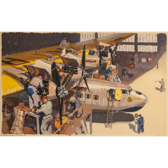 Affiche ancienne de voyage - Albert Brenet - Circa 1950 - Air France Les  mécaniciens - 100 par 62 cm