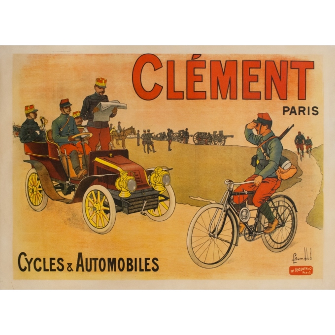 Affiche ancienne de publicité - F.Bombled - 1905 - Clément Paris cycles & Automobiles - 130 par 95 cm