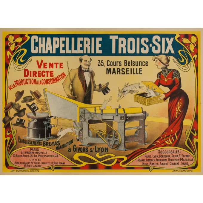 Affiche ancienne de publicité - Circa 1900 - Chapellerie Trois Six chapeau - 120 par 88 cm