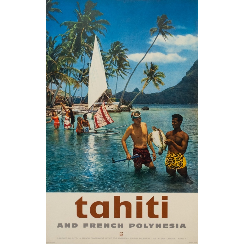 Affiche ancienne de voyage - Sylvain - 1960 - Tahiti - 100 par 63 cm