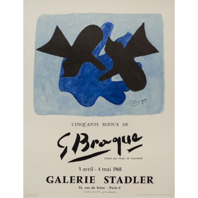 Affiche ancienne d'exposition - Braque - 1968 - Galerie Stadler - 65 par 50 cm