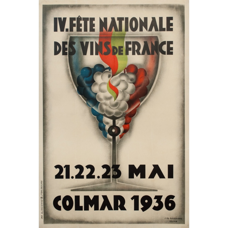 Affiche ancienne d'exposition - J. Fr Fleckinger - 1936 - Fête Nationale Des Vins De France Colmar - 120 par 80 cm