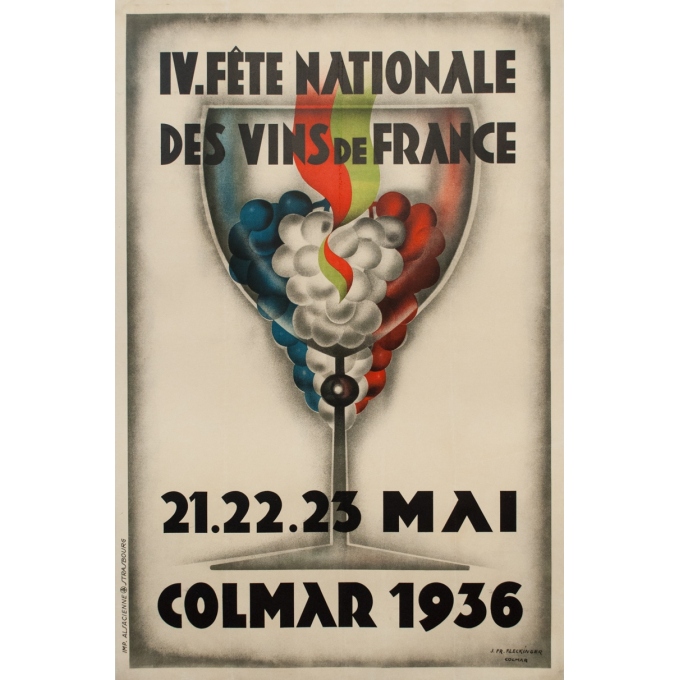 Affiche ancienne d'exposition - J. Fr Fleckinger - 1936 - Fête Nationale Des Vins De France Colmar - 120 par 80 cm