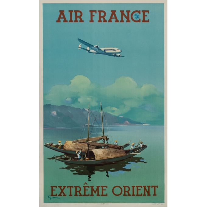 Affiche ancienne de voyage - Vincent Guerra - 1950 - Extrême Orient - Far East - Air France - 99.5 par 62.5 cm