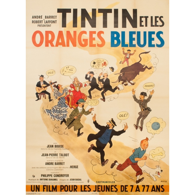 Original vintage movie poster - Hergé - 1964 - Tintin et les oranges Bleues - 63 by 46.5 inches