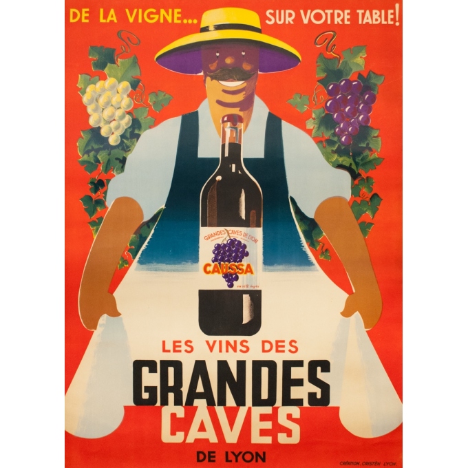 Affiche ancienne de publicité - Cristèn Lyon - 1950 - Les vins des Grandes caves de Lyon Caussa Création - 154 par 112 cm