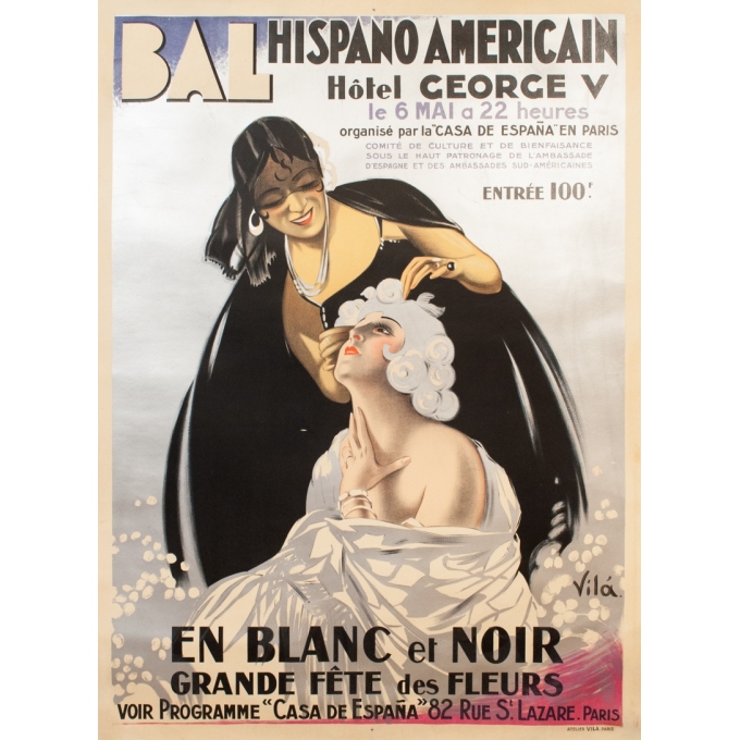 Affiche ancienne d'exposition - Vila - 1920 - Bal Hispano americain Hotel Georges V - 156 par 117 cm