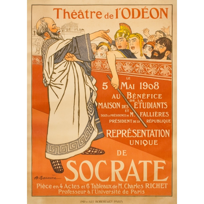 Affiche ancienne d'exposition - A. Barrère - 1908 - Théâtre de l'Odéon Socrate - 154 par 114.5 cm