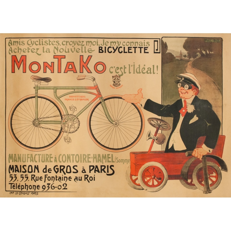 Affiche ancienne de publicité - Phil-Rob - Circa 1900 - Montako Cycle - 140 par 99.5 cm