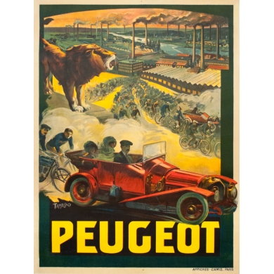 Affiche ancienne de publicité - Tamagno - 1910 - Peugeot Cycle automobile - 158 par 118.5 cm