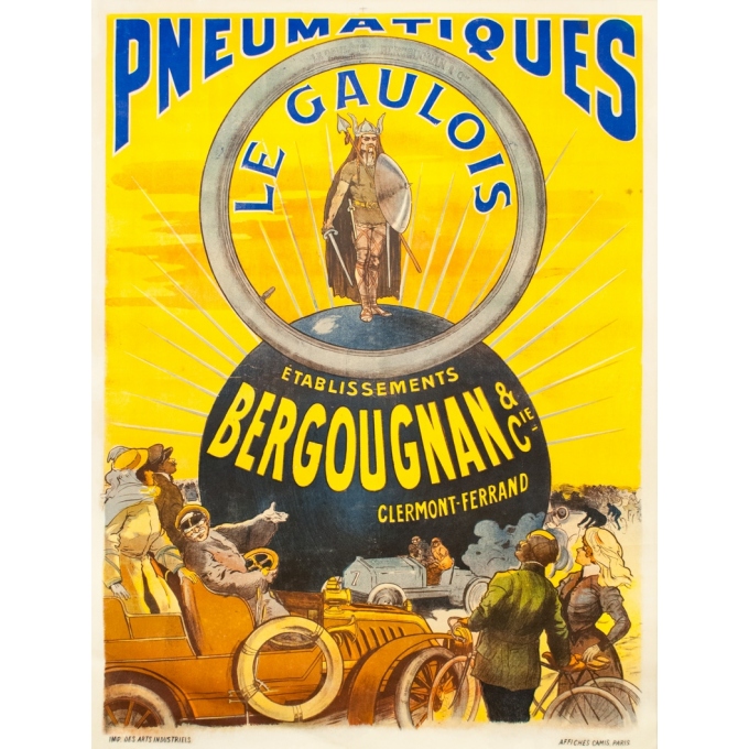 Affiche ancienne de publicité - Camis paris - 1910 - Pneumatique le Gaullois Etablissement Bergougnan - 161 par 121 cm